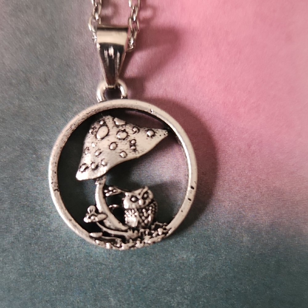 Silver Owl and Mushroom Pendant Necklace